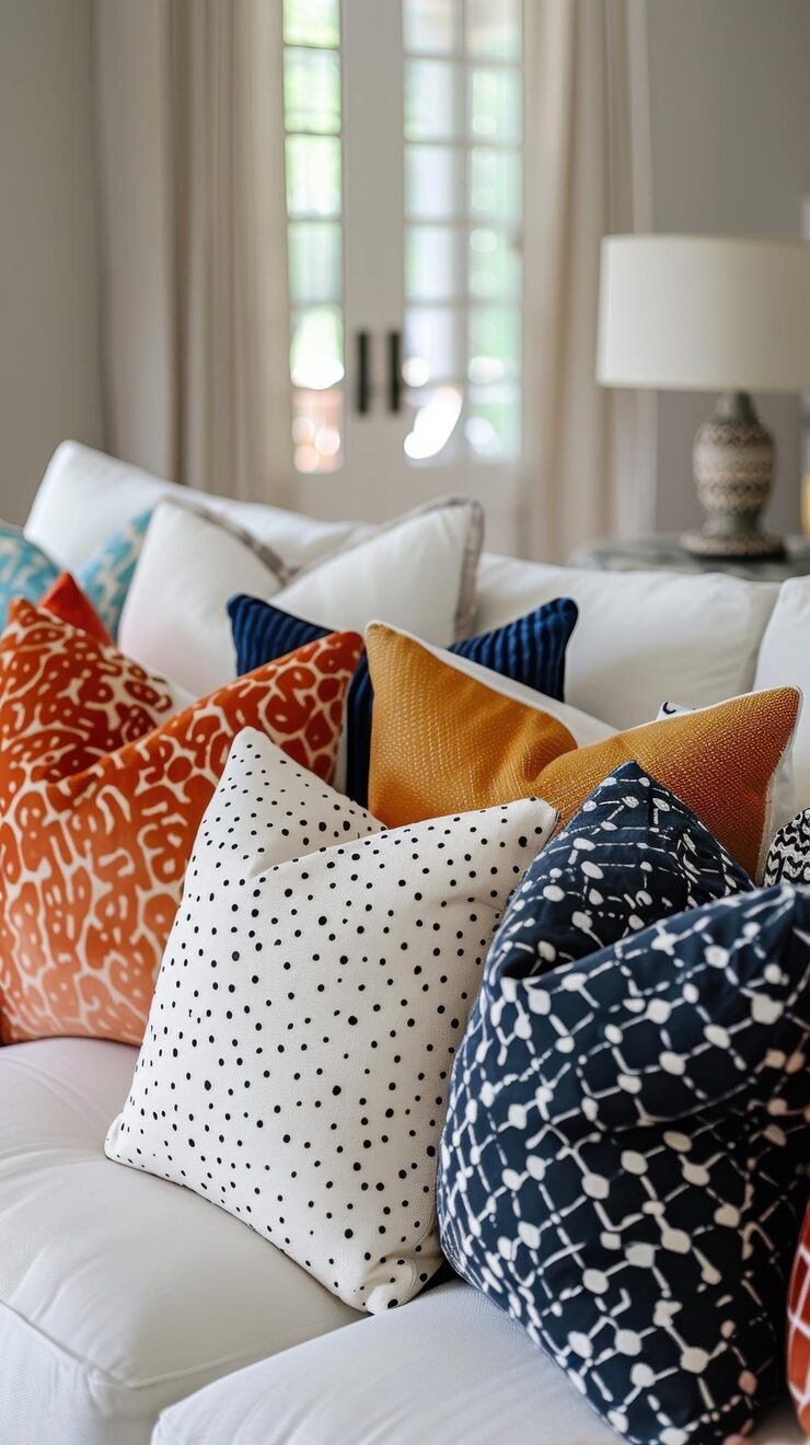 Cushions Covers 9 Cozy Modern Couch Colorful Pillows Arranged Inviting by Orient Uniforms for customers in Dubai, Abu Dhabi, Sharjah, Ajman and across the UAE